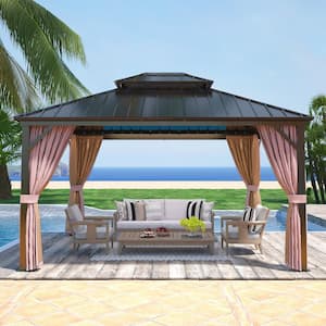 12 ft. x 14 ft. Brown Extra-Large Hardtop Patio Gazebo with Double Roof, with Breathable Netting and Privacy Sidewalls