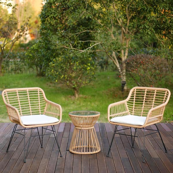 Jushua Brown 3 of Piece Wicker Outdoor Dining Set And Glass Top Table with White Cushion