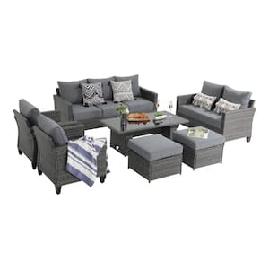 OC Orange-Casual 7-Piece Wicker Outdoor Conversation Set with Lift Coffee Table, Grey Cushions