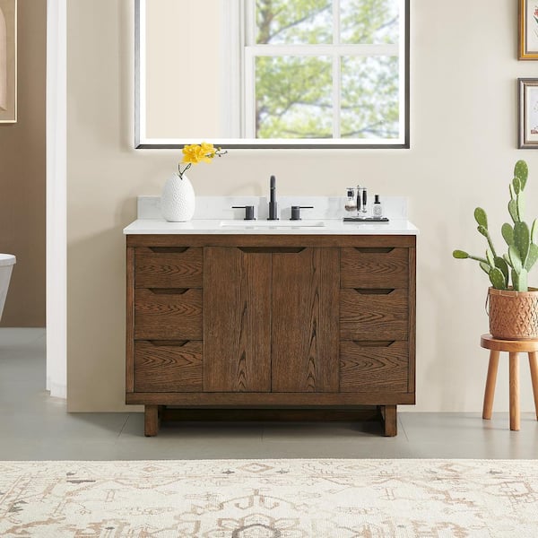 Altair Mowry 48 in. Single Freestanding Brown Brushed Oak Bath Vanity with Grain White Engineered Stone Top Assembled