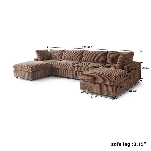 157 in. Square Arm Soft Faux Rabbit Fur Velvet 6-Piece U-Shaped Modern Comfy Cloud Modular Sectional Sofa Couch in Brown