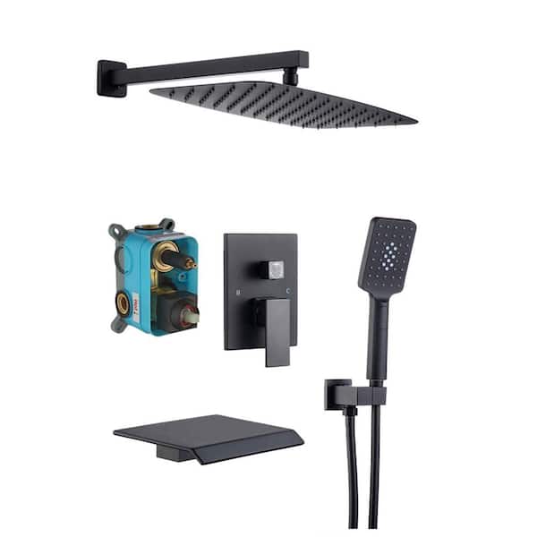 RAINLEX Waterfall Square Single-Handle 3-Spray Square High Pressure Shower Faucet with Oval Shower Head in Matte Black
