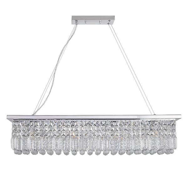 Crysia 39 in. 8-Light Chrome Linear Rectangular Crystal Chandelier for Kitchen Island Dining Room