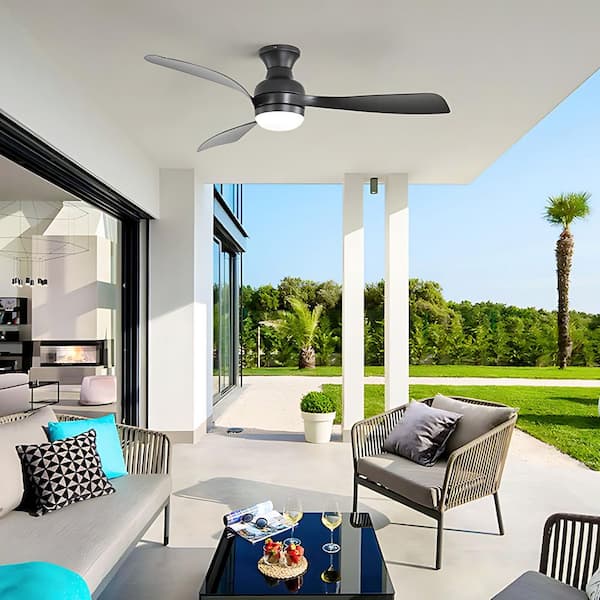 52 In. Indoor/Outdoor Morden Black Flush Mount Ceiling Fan with Dimmable Light, 6-Speed DC Motor Remote Included