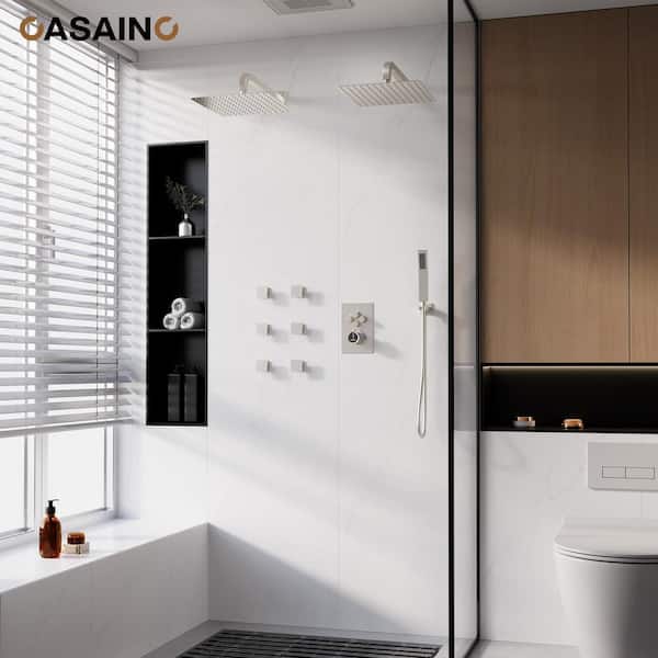 Single Handle 1-Spray Thermostatic 4-function Shower Faucet Dual Showerhead 1.8 GPM with Body Spray in. Brushed Nickel