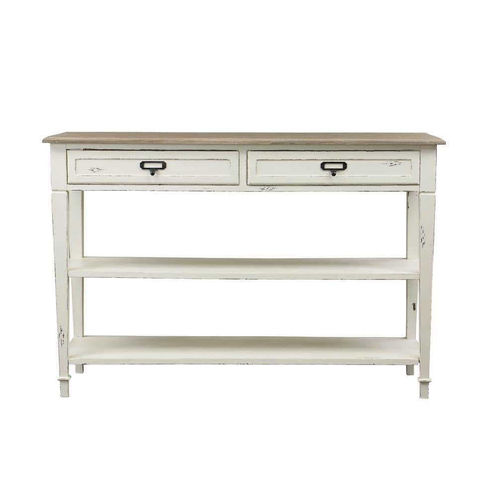 Dauphine Distressed White and Natural Wood Console Table with Storage