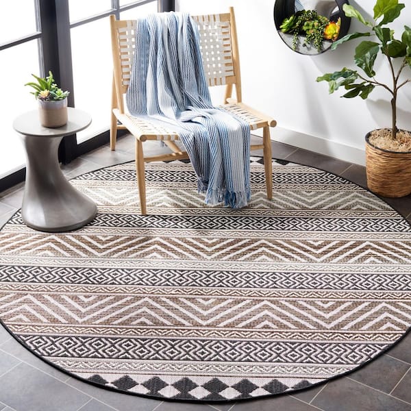 Havana Light Brown/Black 7 ft. x 7 ft. Striped Chevron Geometric Indoor/Outdoor Round Area Rug