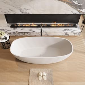 67 in. Stone Resin Flatbottom Solid Surface Freestanding Double Slipper Soaking Bathtub in White with Brass Drain