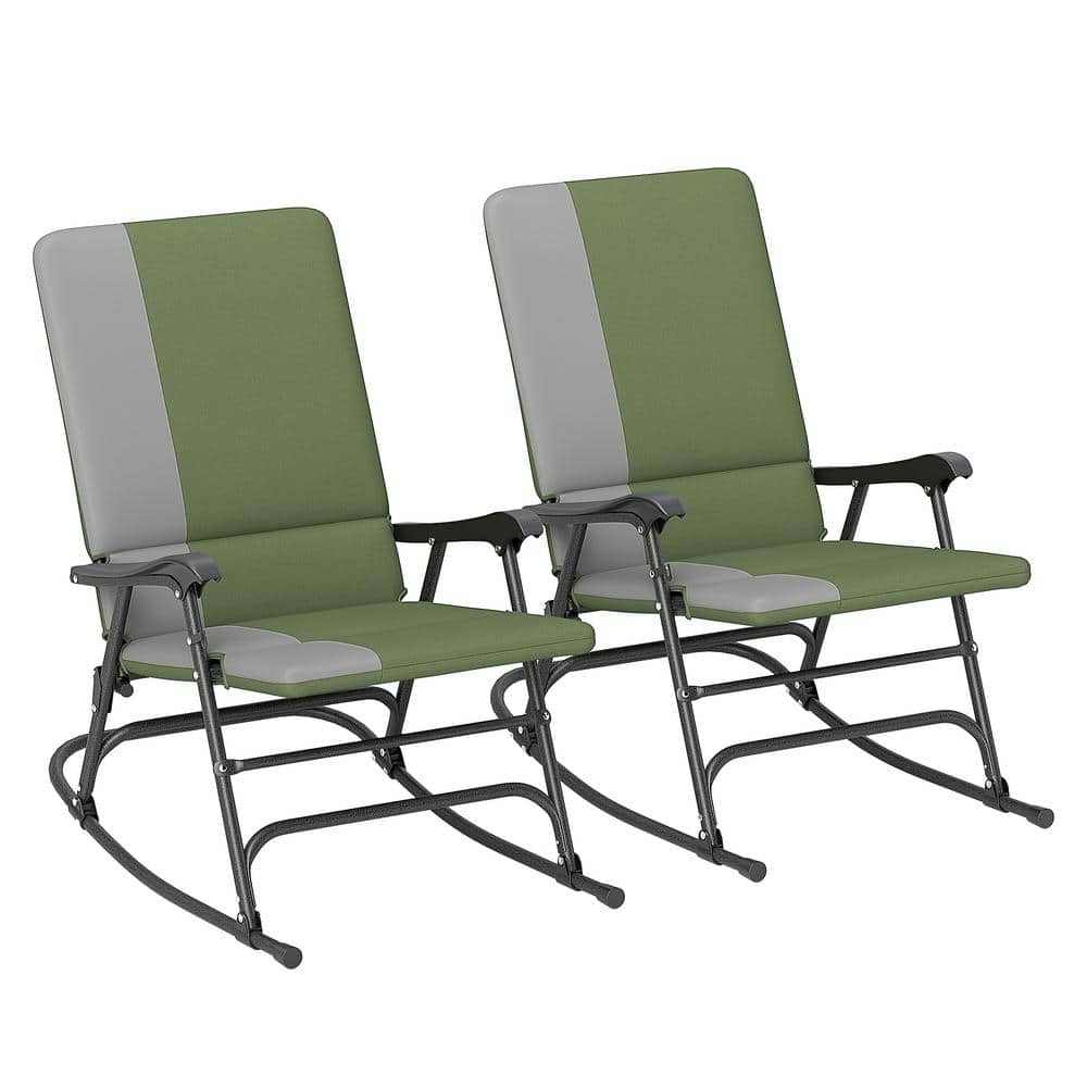 Dark Green and Gray Steel Outdoor Rocking Chairs with Cushions