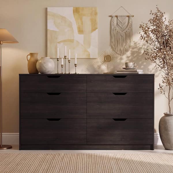 LACOO 47.24 in. W 6-Drawer Dresser, 2 Small Top and 4 Large Drawers, Handleless Storage Chest, Brown