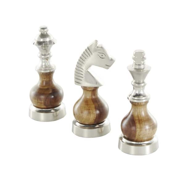 Litton Lane Silver Aluminum Metal Chess Sculpture with Round Wood Centers Set of 3