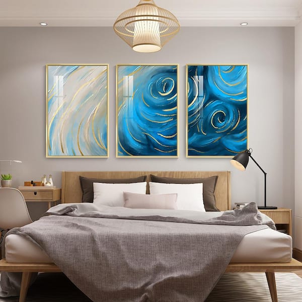 3-Piece Floater Frame Art Print on Canvas Modern Abstract Mountain Wall Art 24 in. x 16 in., Blue