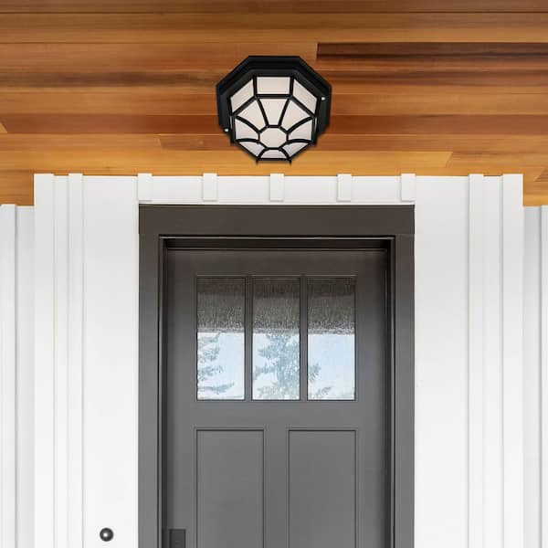 Benkert 9 in. 1-Light Black Outdoor Flush Mount Ceiling Light Fixture with Frosted Glass