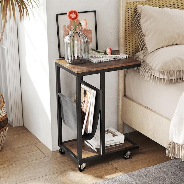 2-Tier 16 in. Rustic Brown Side Table Rectangle C-Shaped Metal End Table with Storage Pocket Lockable Casters 2-Piece
