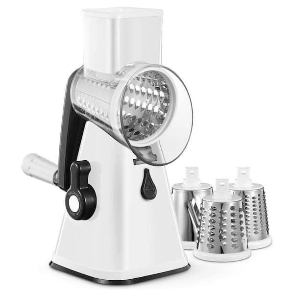 White Rotary Cheese Grater with Handle for Kitchen with 3 Stainless Steel Blades for Cheese Potato Nuts