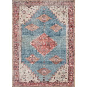 Lotus Towne Terra Blue Vintage Medallion Persian 5 ft. 3 in. x 7 ft. 3 in. Machine Washable Area Rug
