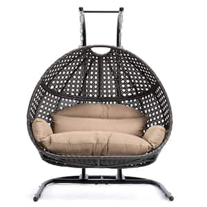 2-Person Charcoal Wicker hanging Double Egg Porch Swing Chair with Stand and Brown Cushions