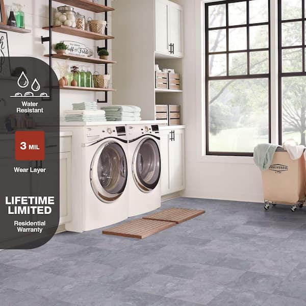 Smoke Slate 3 MIL x 12 in W x 12 in L Peel and Stick Water Resistant Vinyl Tile Flooring 30 sq ft