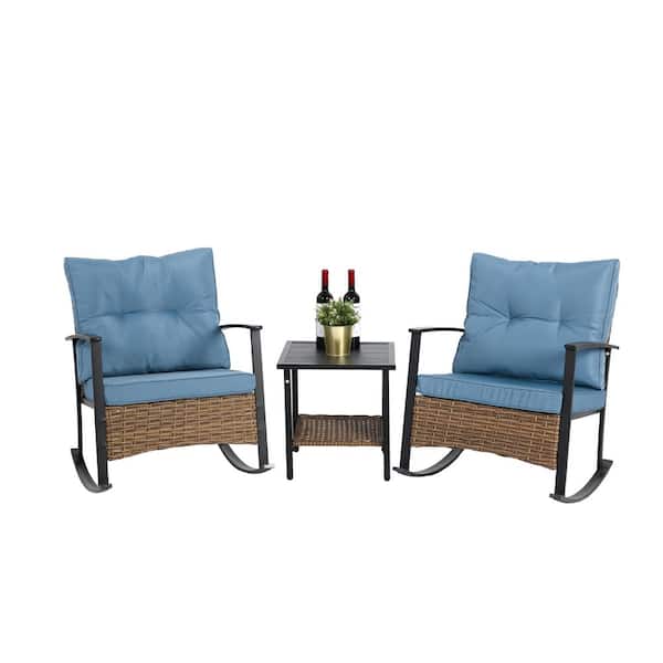 3-Piece Brown and Black Wicker Outdoor Rocking Set with Blue Cushions-2 ...