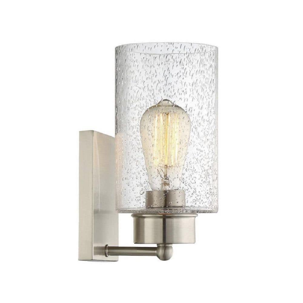 Coastal Brushed Nickel 1-Light Outdoor Wall Sconce with Seeded Glass