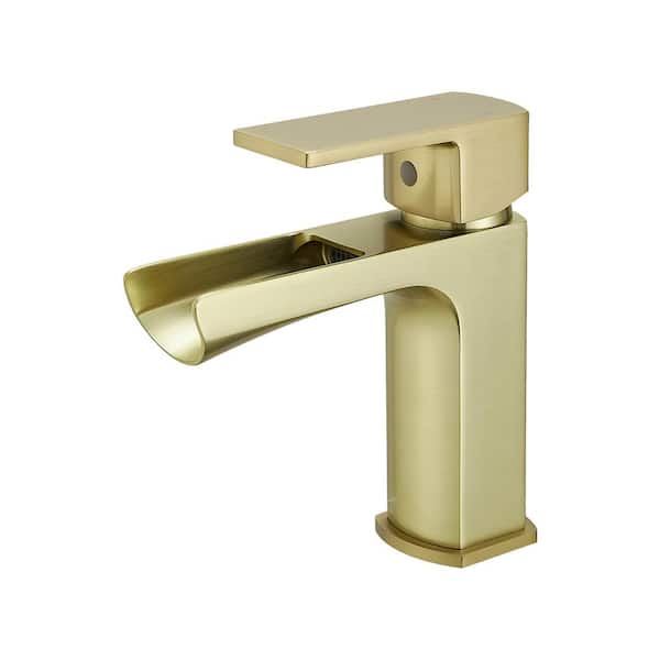 Unbranded Single Handle Single Hole Bathroom Faucet with Waterfall and Drain Assembly in Brushed Gold