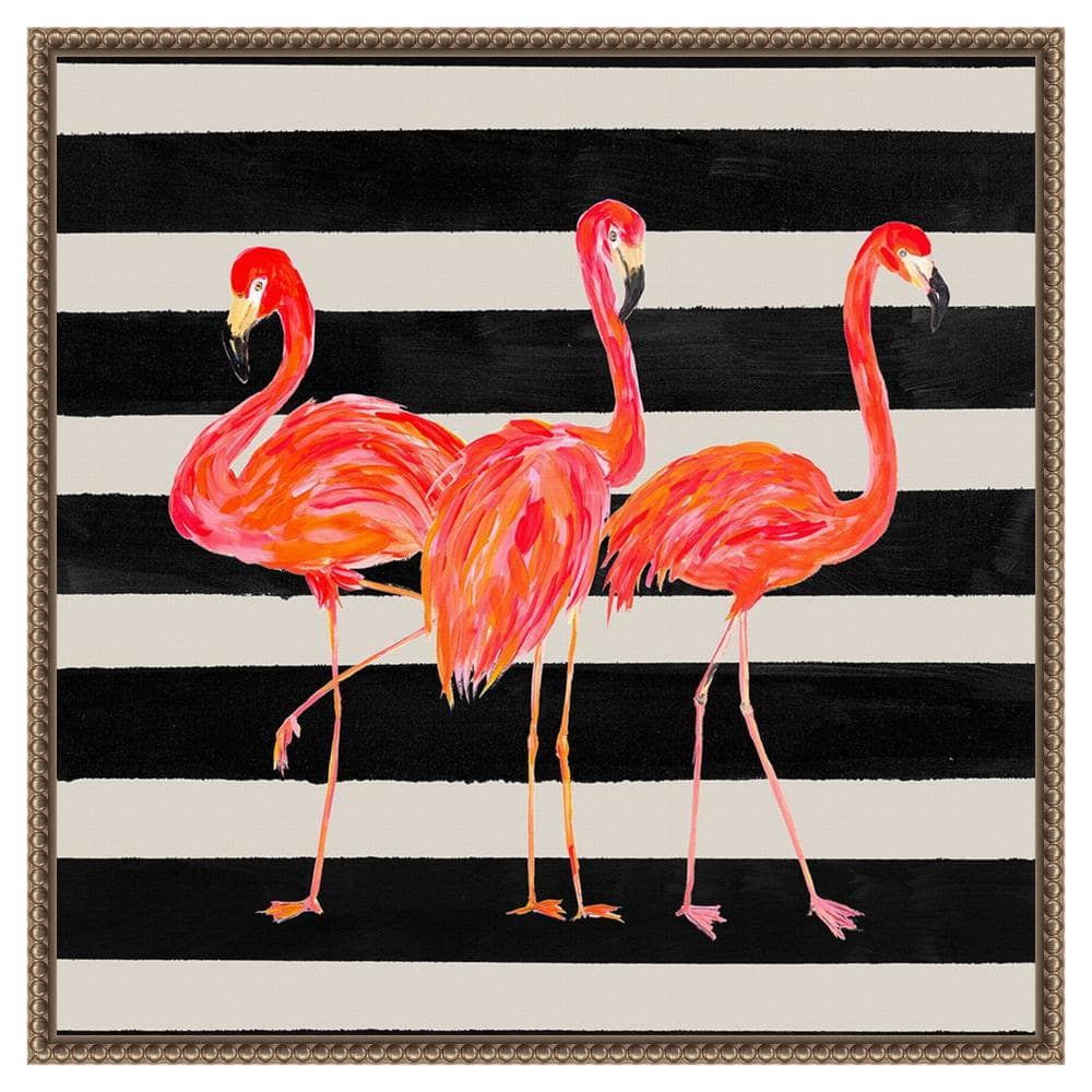 Vibrant Flamingo Trio on Black and White Striped Canvas Framed Wall Art 22 x 22