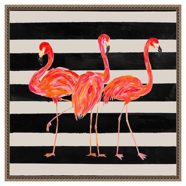 Amanti Art "Fondly Flamingo Trio on Stripe" by Julie Derice 1-Piece Floater Frame Giclee Animal Canvas Art Print 22 in. x 22 in.