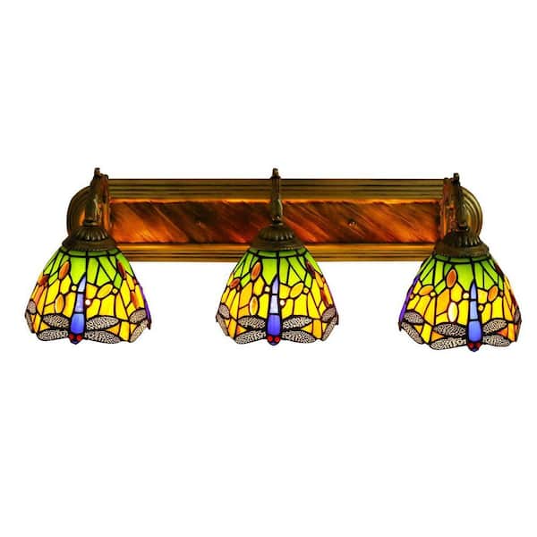 3-Light Bronze Retro Wall Sconce with Stained Glass Shades for Bathroom Bedroom Living Room