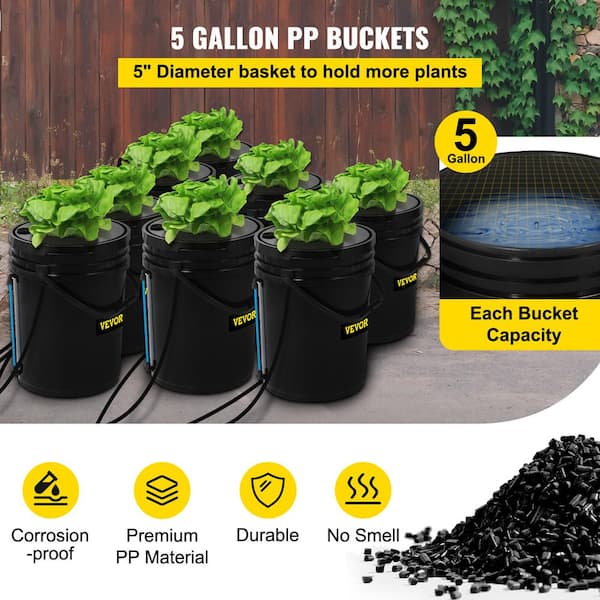 Holes DWC Hydroponic System Growing Kit Large Airstone 6 Site Grow Super Fast Rockwool 6 Sites Bucket with Air Pump Complete Hydroponics Indoor Herb Garden Starter Kit for Kitchen 