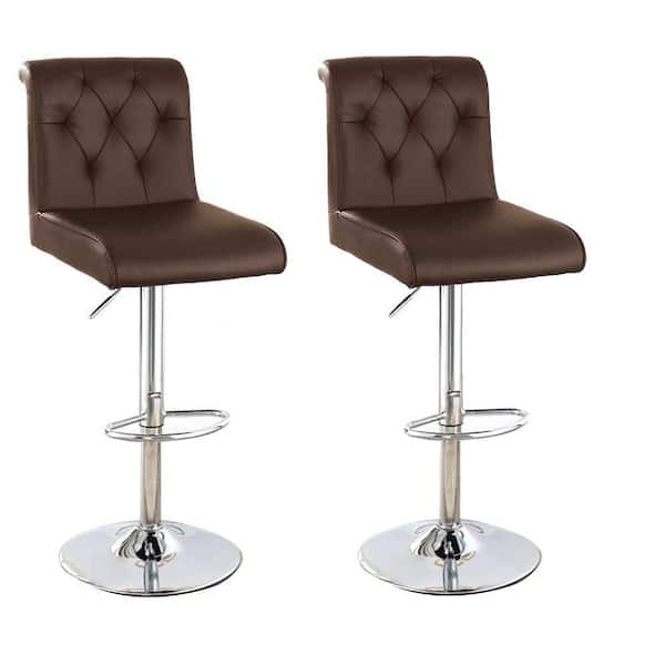 Benjara 35 in. Brown Low Back Metal Frame Barstool with Leatherette Seat (Set of 2)
