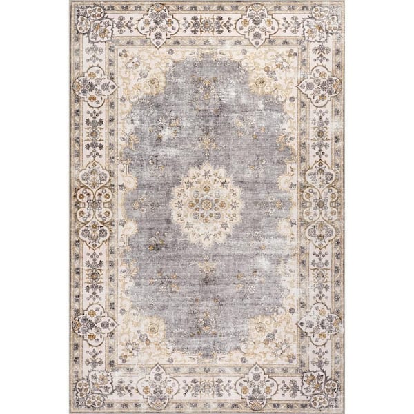 Rosette Medallion Spill Proof Washable Light Grey 8 ft. x 10 ft. Indoor Area Rug