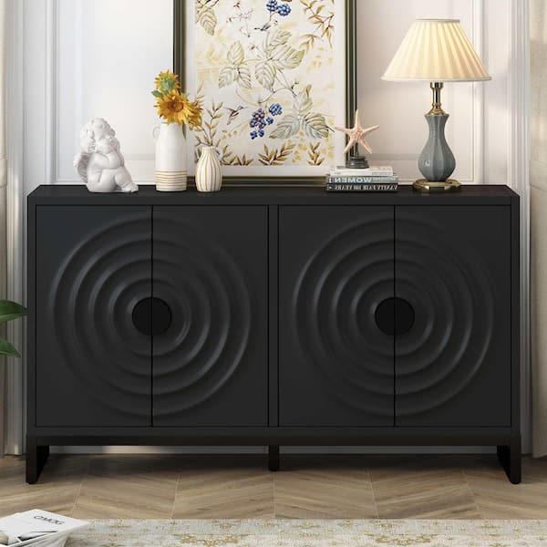 Black Wood 58.2 in. Sideboards with Stunning Water Wave Door and Adjustable Shelves