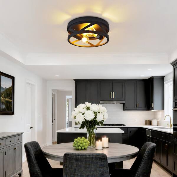 HKMGT 11 in. 2-Light Farmhouse Black V-cutout Flush Mount Ceiling