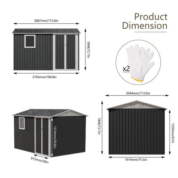 9 ft. W x 6 ft. D Grey Metal Shed for Patio Backyard Tools House