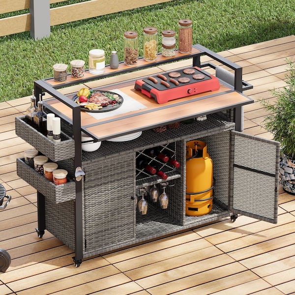 Runesay Retro Gray Wicker 52.8 in. Outdoor Kitchen Island Grill Cart with Extended Plastic Wood Table Top and Storage Cabinet