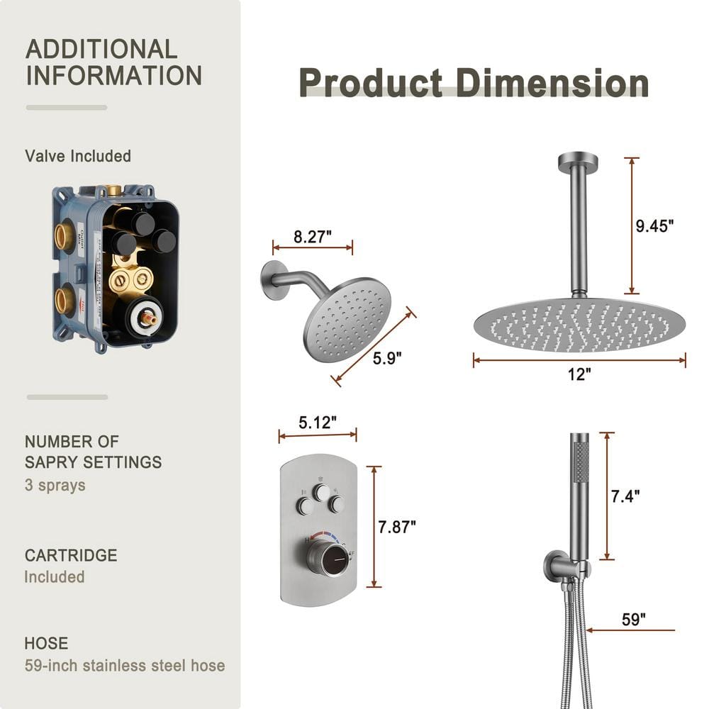 Brushed Nickel Dual Rainfall and Handheld Shower System with 12-inch Ceiling Mount