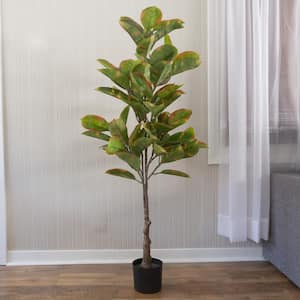 51- Inch Variegated Green Artificial Rubber Tree with Natural Feel Leaves in Pot