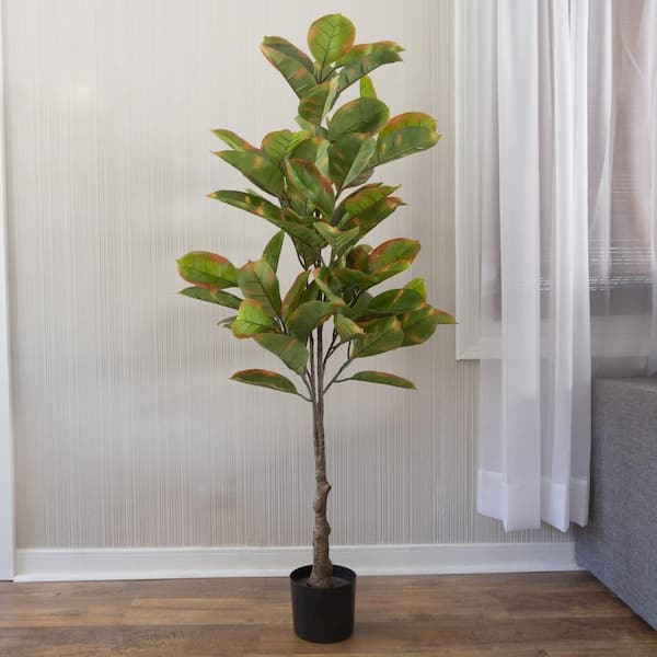 Pure Garden 51- Inch Variegated Green Artificial Rubber Tree with Natural Feel Leaves in Pot