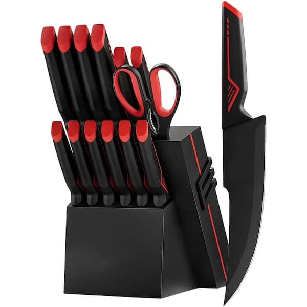 15-Piece Stainless Steel Kitchen Knife Set with Knife Block and Built-In Knife Sharpener for Men Women, Red