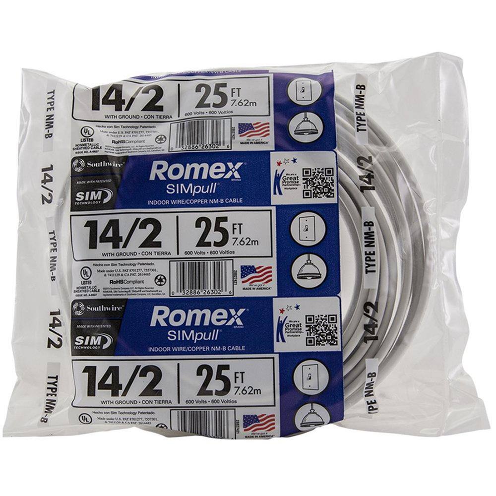 Southwire 25 ft. 14/2 Solid Romex SIMpull CU NM-B W/G Wire 28827421 ...