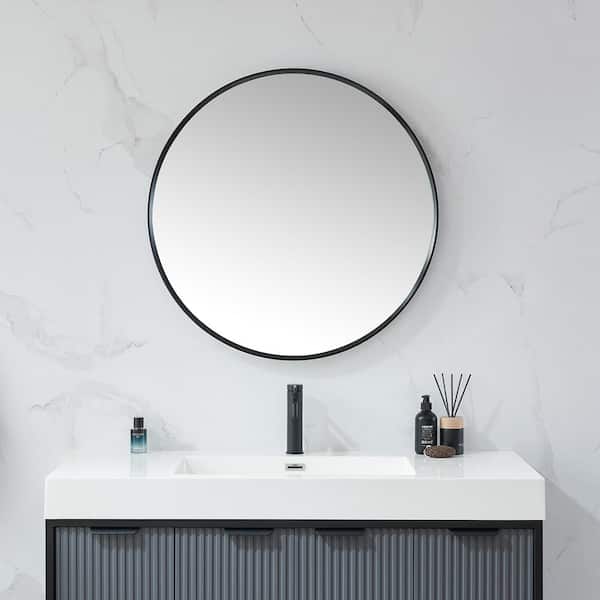 ROSWELL Cascante 32 in. W x 32 in. H Metal Framed Round Bathroom Vanity Mirror in Black