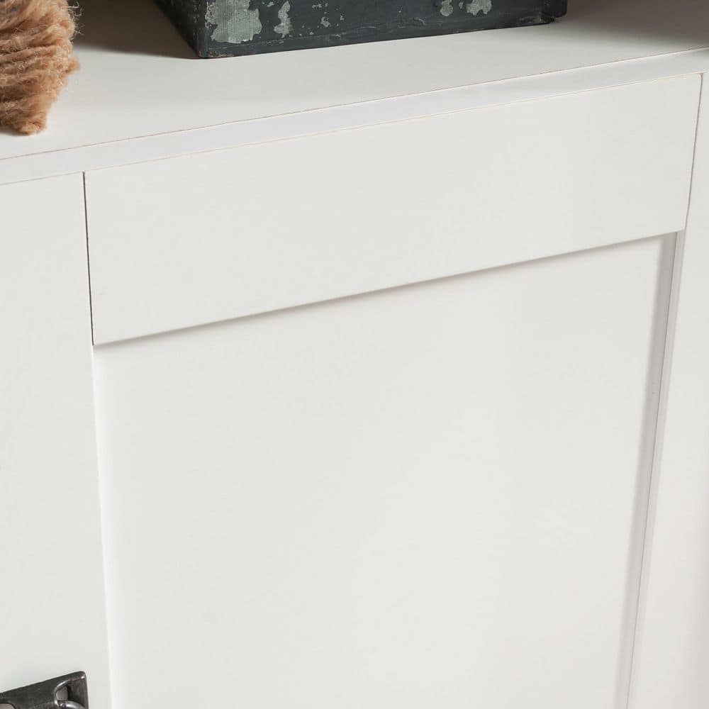 Soft White Corner TV Stand with Cabinet and Oak Top