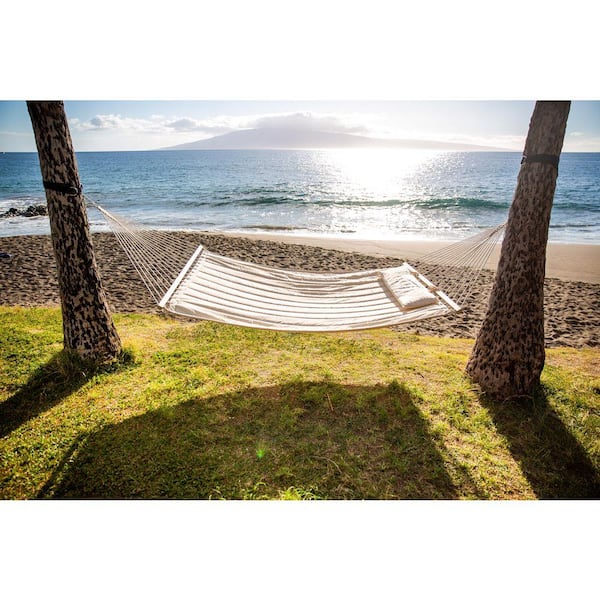 12 ft. to 15 ft. Quilted Double 2-Person Hammock with Hardwood Spreader Bar and Pillow in Beige