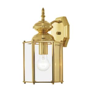 Bannington 13 in. 1-Light Polished Brass Outdoor Hardwired Wall Lantern Sconce with No Bulbs Included