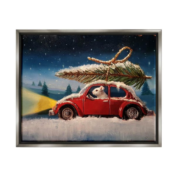 The Stupell Home Decor Collection Mouse Driving Through Snow Winter Holiday Tree by Lucia Heffernan Floater Frame Animal Wall Art Print 21 in. x 17 in.