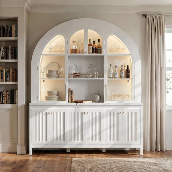 Modern White Wood Sideboard, Buffet, Food Pantry, Storage Cabinet w/ 15-Shelf, Glass Doors, Light and French Arched Dome