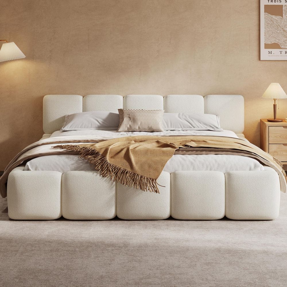 Cassius White Boucle Upholstered Wood Frame Queen Size Platform Bed with Headboard - thumbnail 9