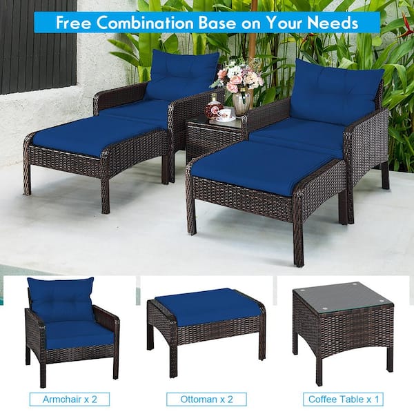 Costway 5 Pcs Patio Rattan Wicker Furniture Set Sofa Ottoman Coffee - See Details - Navy