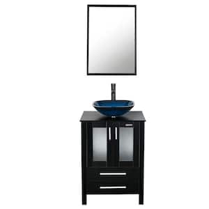 24 in. W x 20 in. D x 32 in. H Single Sink Bath Vanity in Black with Ocean Blue Vessel Sink Top ORB Faucet and Mirror