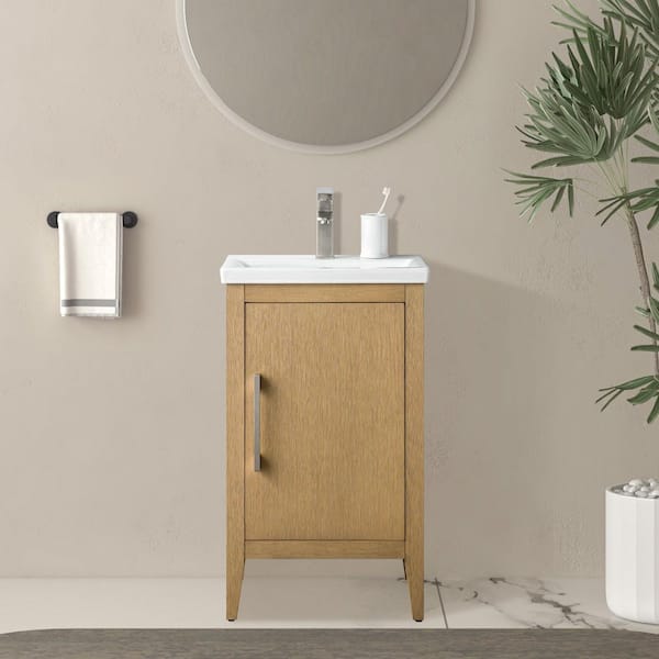 20 in. W x 15.8 in D x 34 in. H Single Sink Bathroom Vanity Cabinet in Natural Oak with Ceramic Top in White